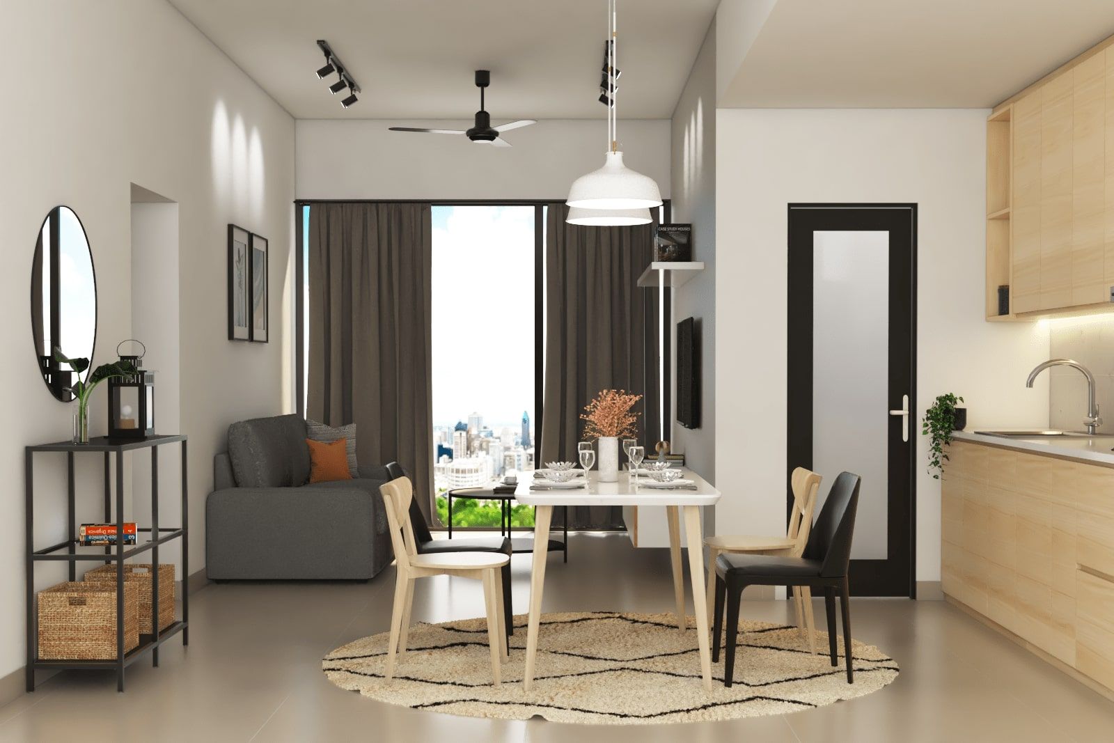 Contemporary 4-Seater Dining Room Design With Circular Rug