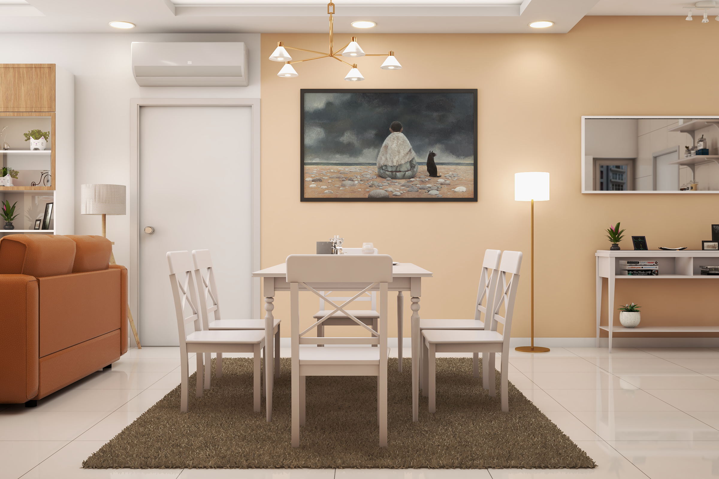 Spacious 6-Seater White Dining Room Design