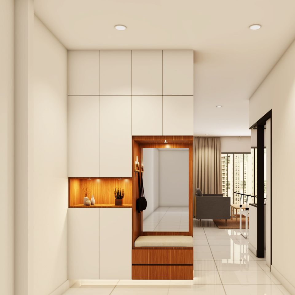 Modern Foyer Design With White And Wood Storage