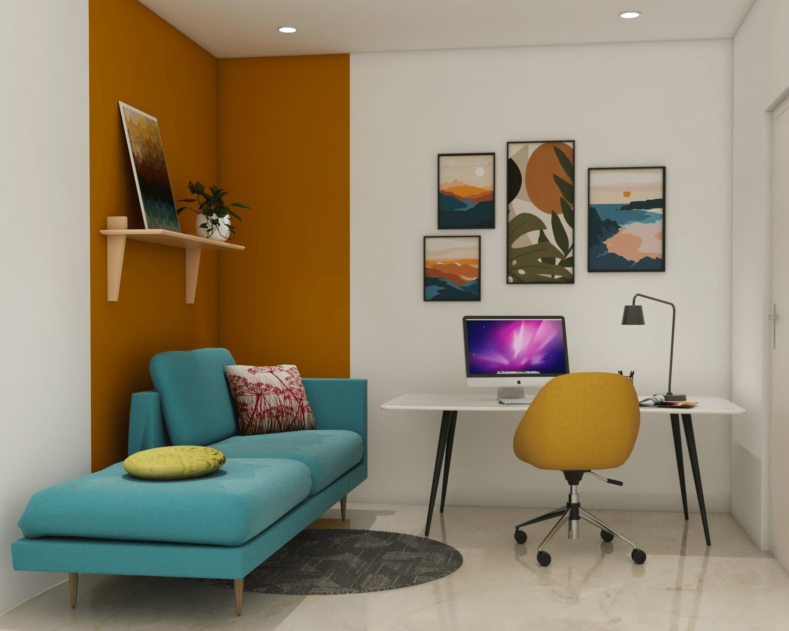 Modern Home Office Design With Study Desk And Sofa