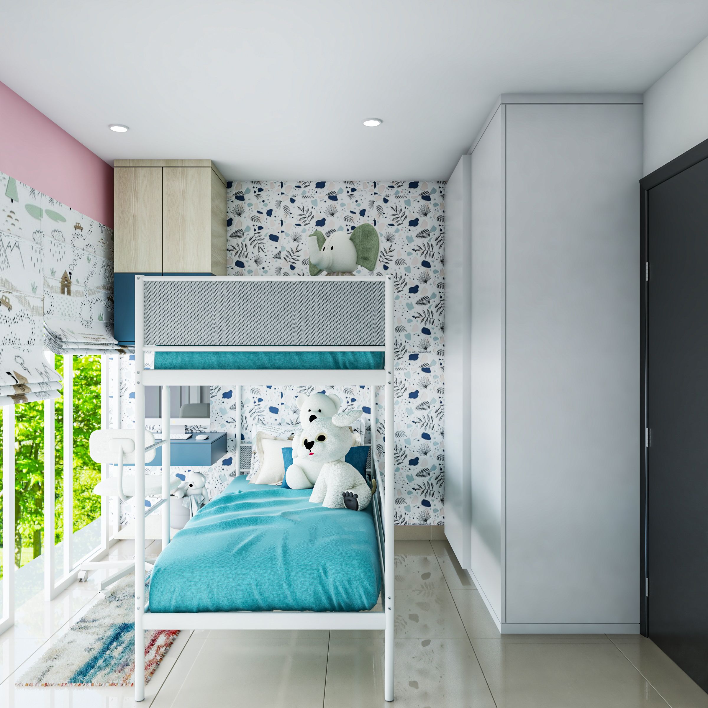 Modern Kid's Bedroom Design With Blue Bunk Beds And Patterned Wallpaper