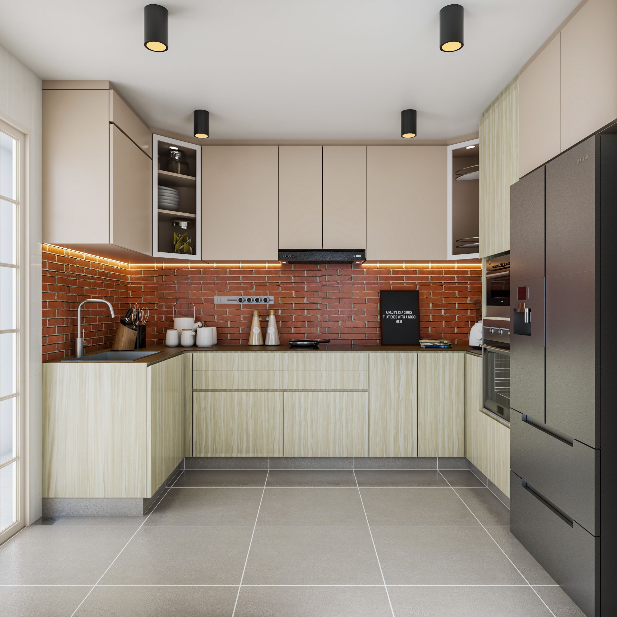 Contemporary Modular Kitchen Design With Beige Cabinetry And Brick Dado Tiles