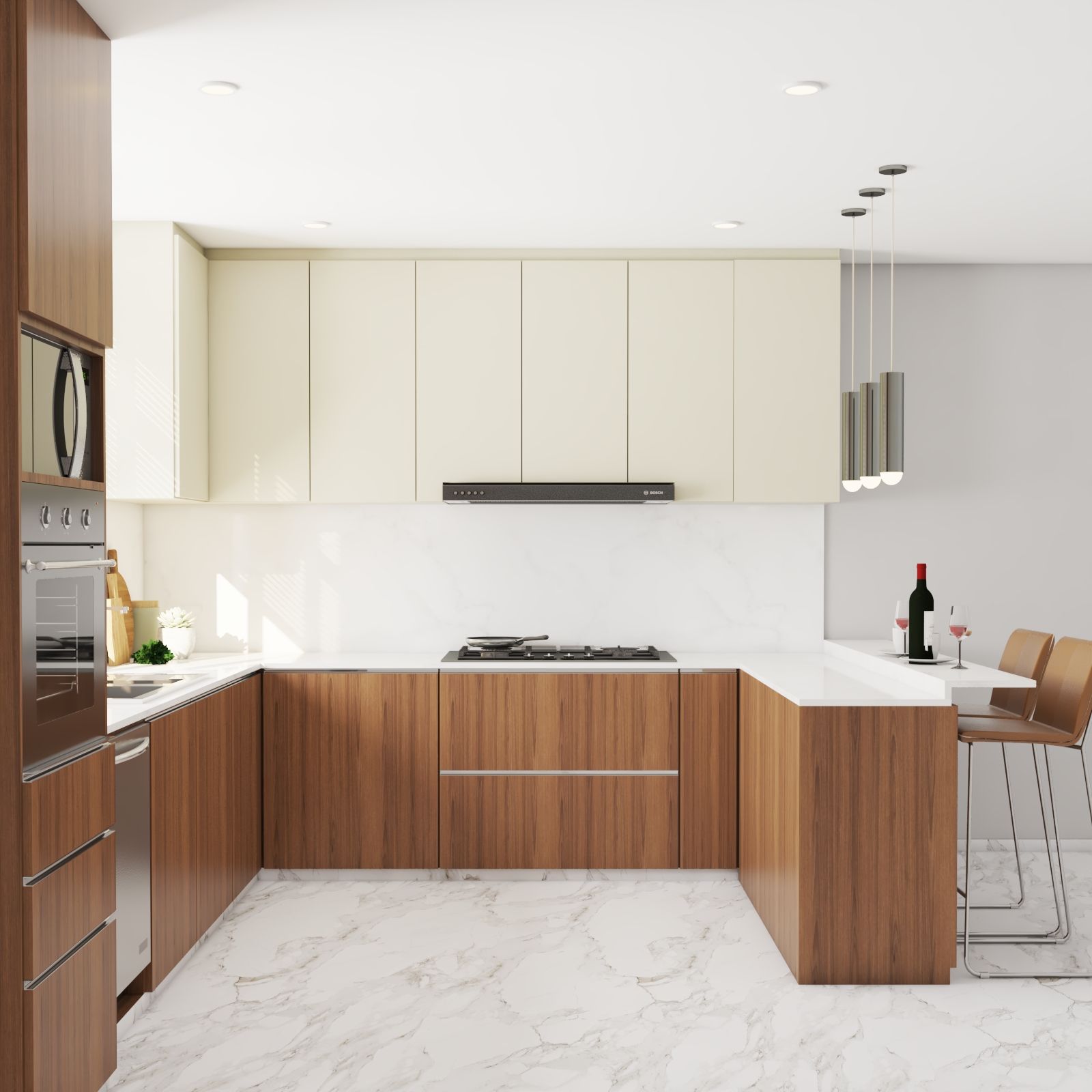 Classic U Shape Kitchen Cabinet Design With Wooden Grain Laminates