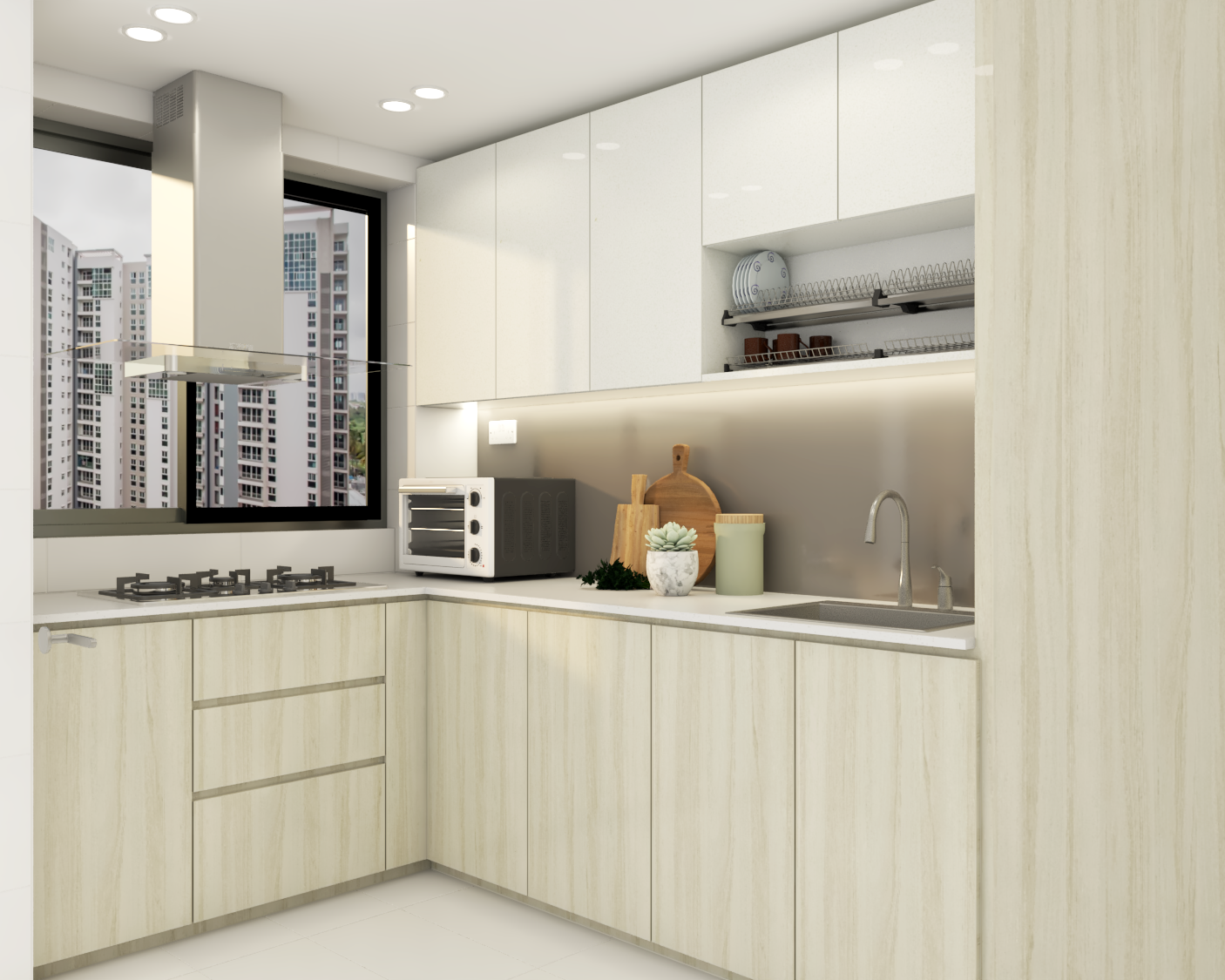Contemporary L-Shaped Beige Modular Kitchen Design