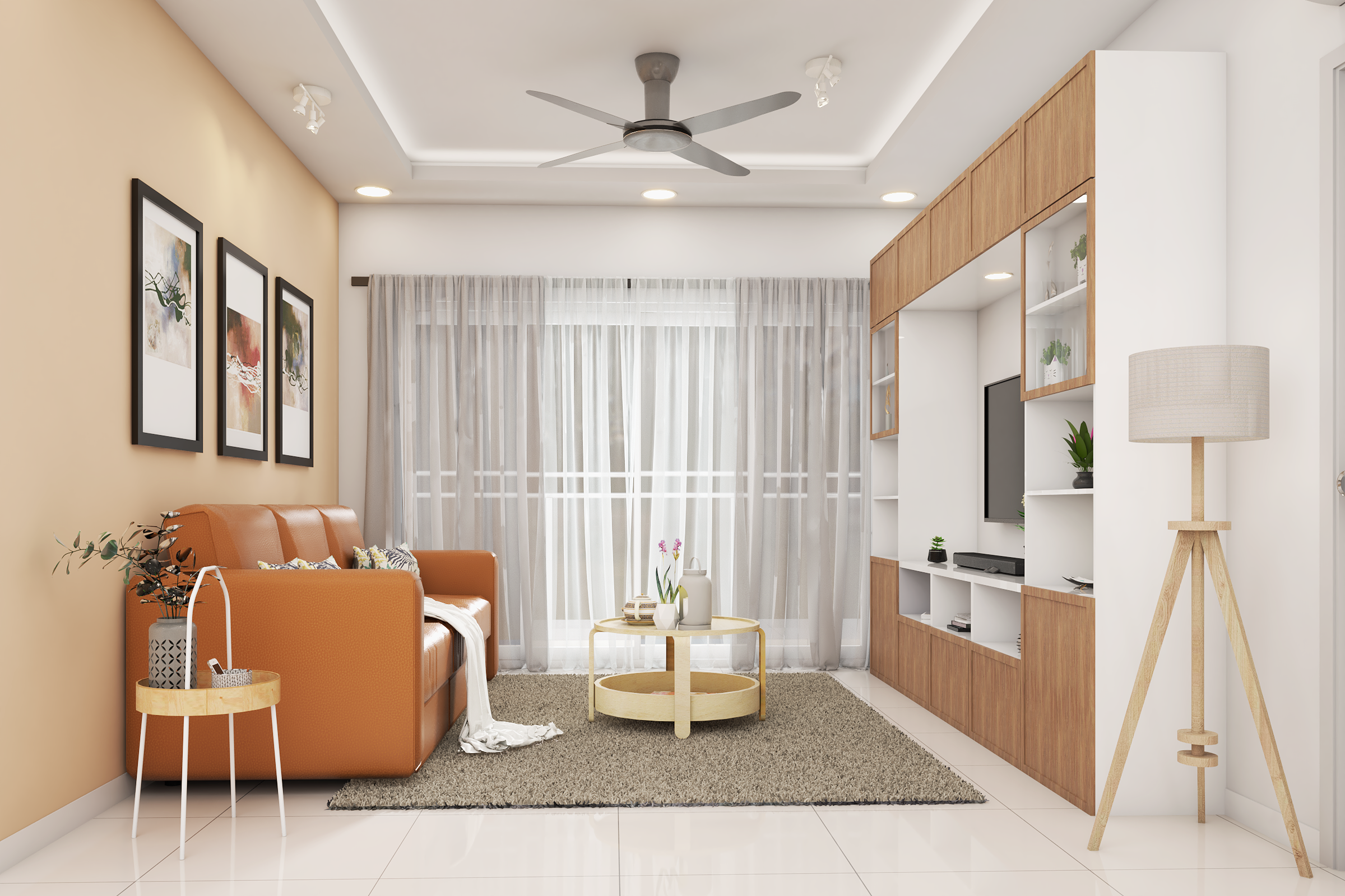 Contemporary Orange Living Room Design With Entertainment Centre