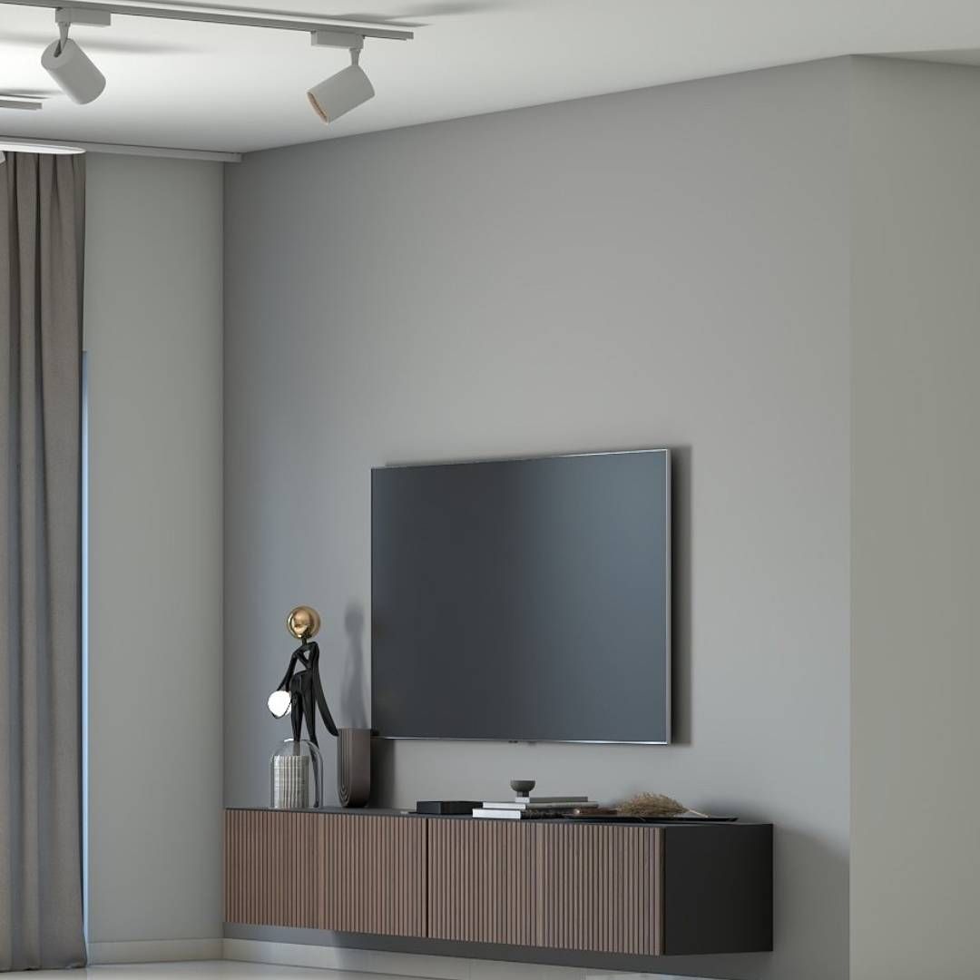 Contemporary Wooden TV Unit Design With Grey Accent Wall