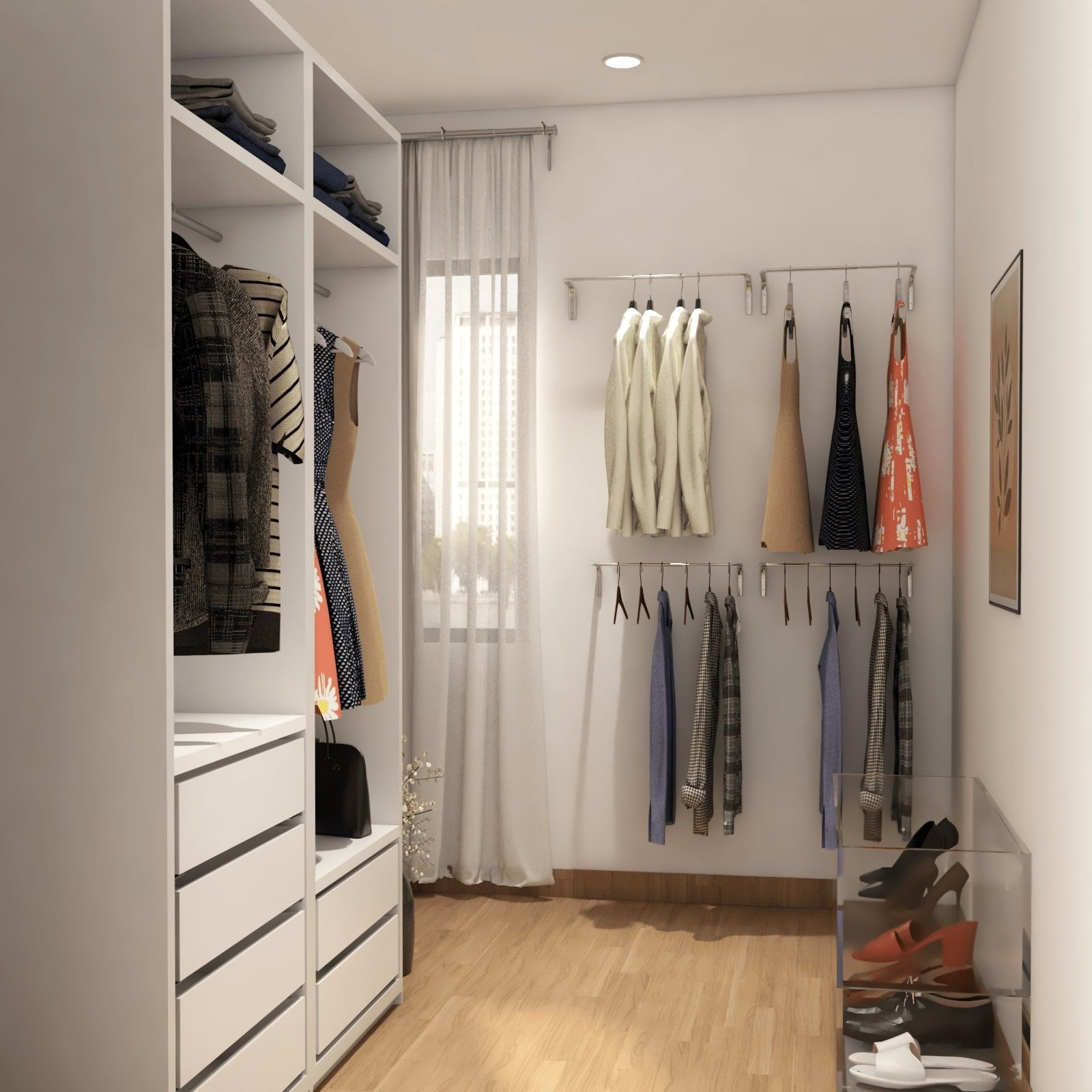 Contemporary Wardrobe Design With Separate Wall Rack And Glass Shoe Display