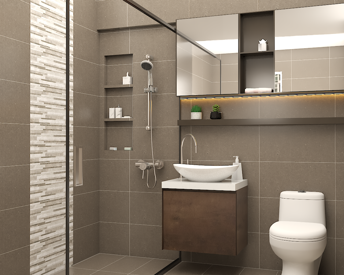 Modern Small Toilet Design Idea with Brown Vanity Livspace