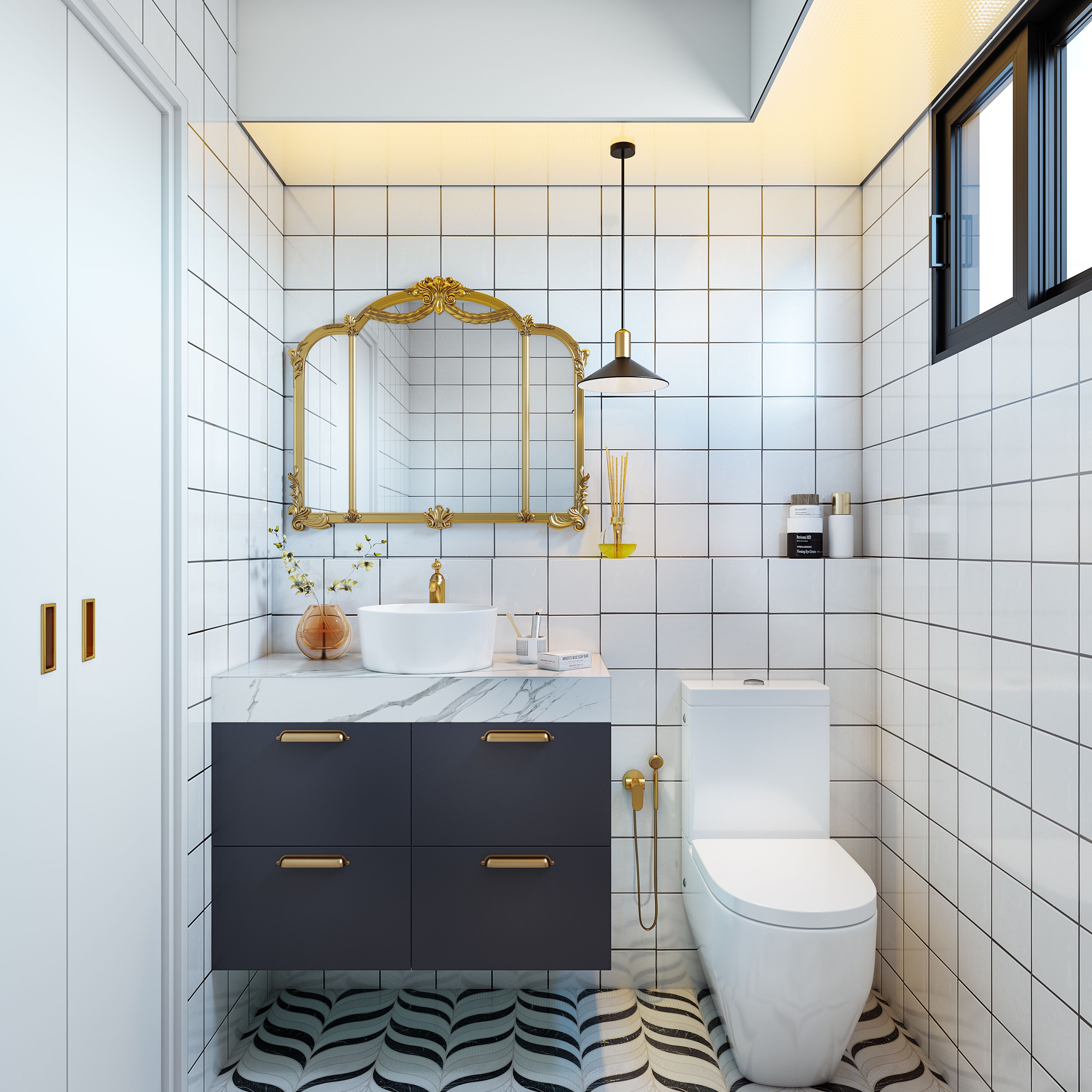 Modern Compact Toilet Design With Patterned Floor Tiles