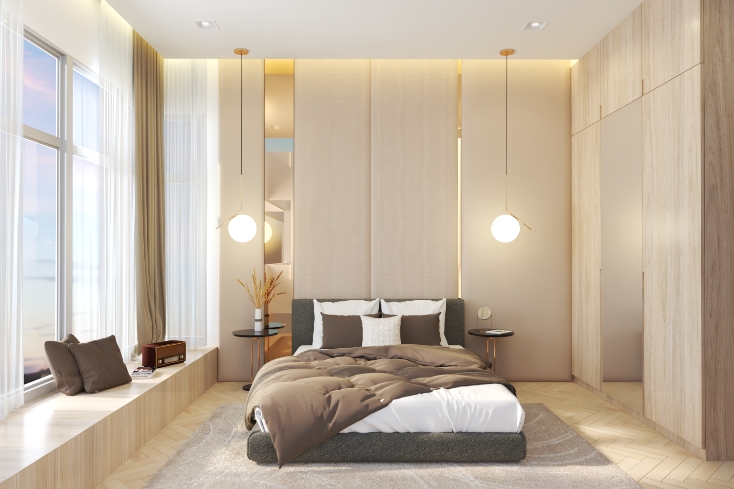 Neutral-Toned Bedroom with Golden Hues