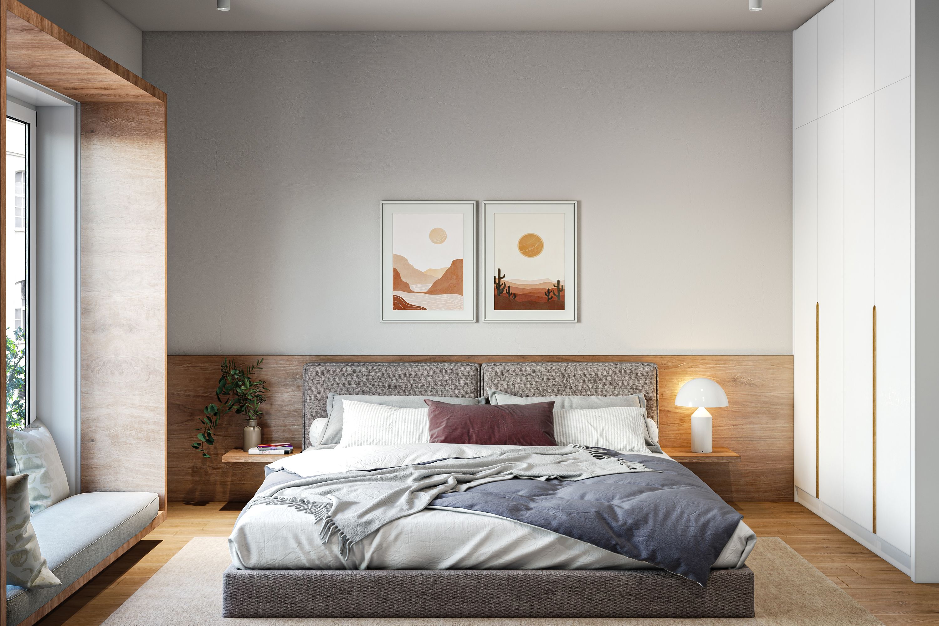 Contemporary Bedroom with Wooden Paneling