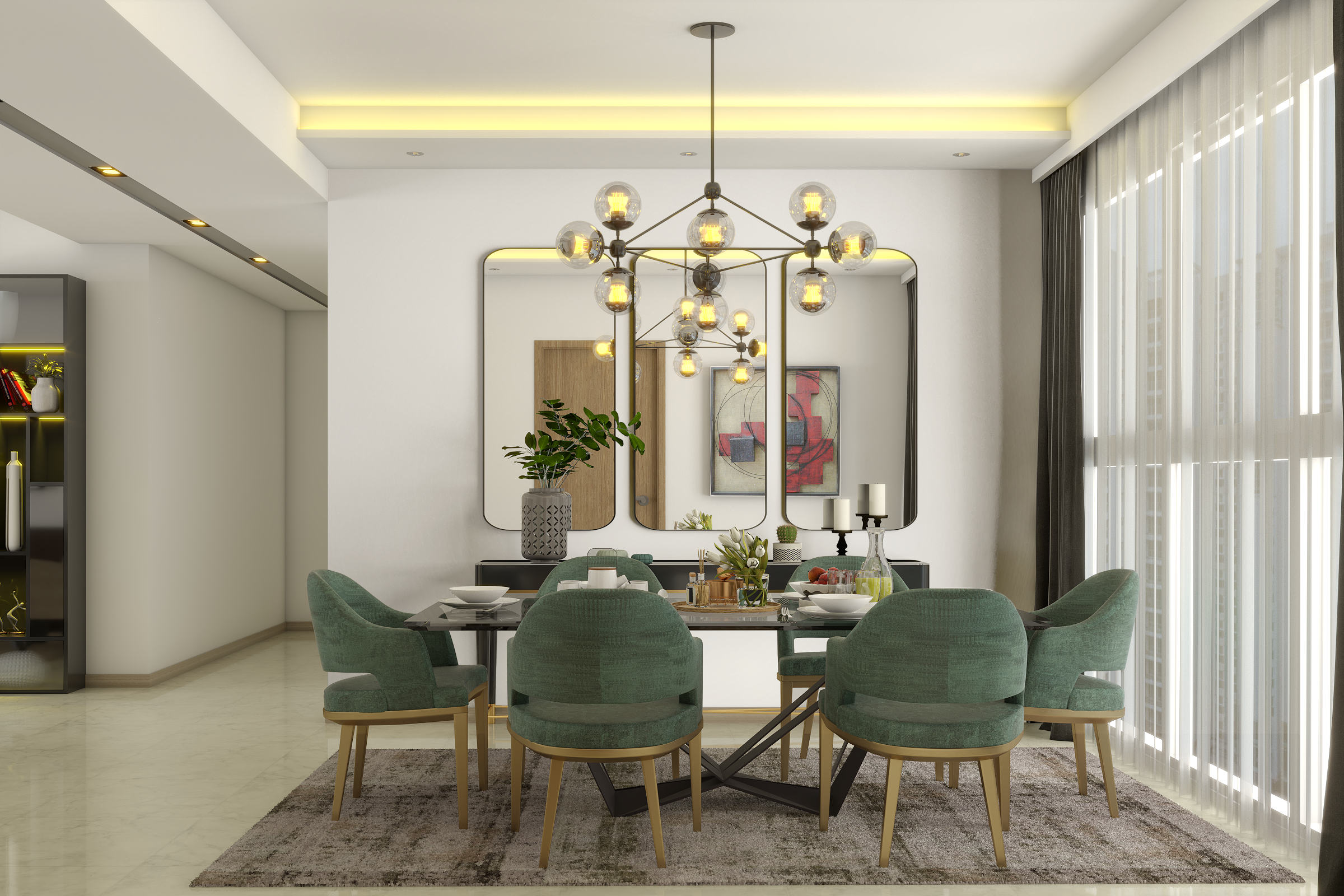 Spacious Contemporary Style Dining Hall Design With Six-Seater Dining Table