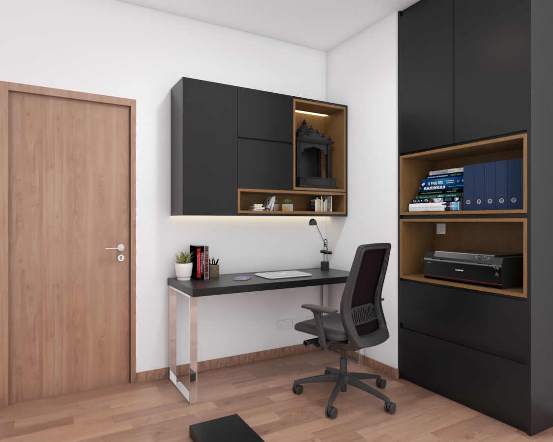 Modern Compact Home Office Interior Design With Mandir