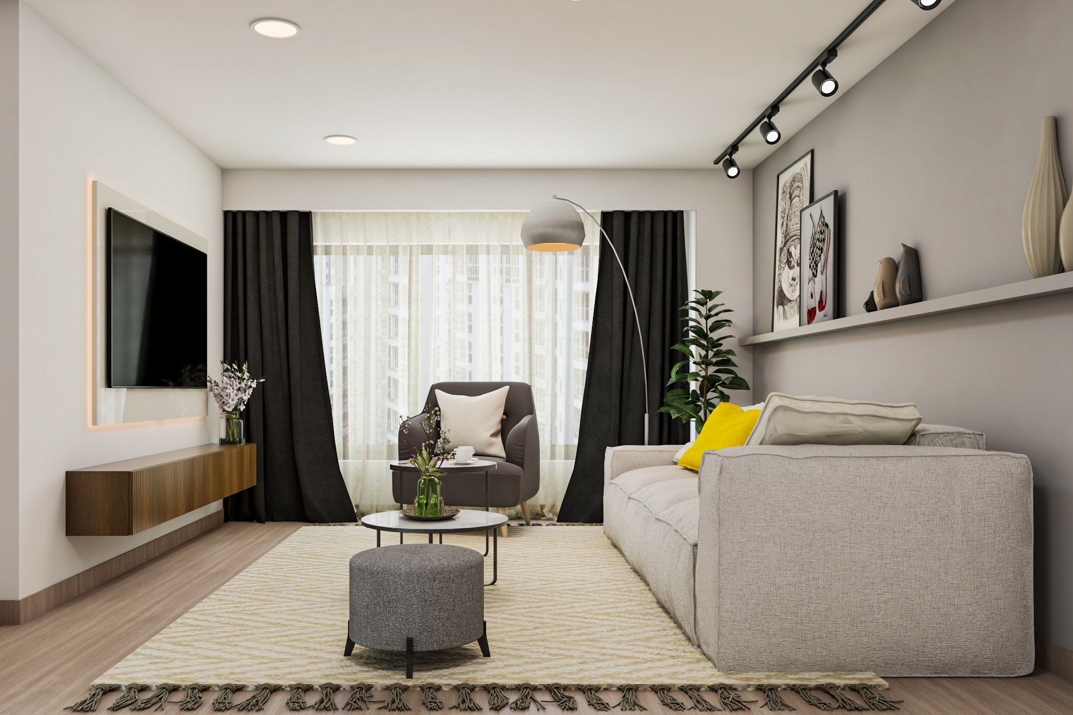 Contemporary Grey Themed Living Room Design