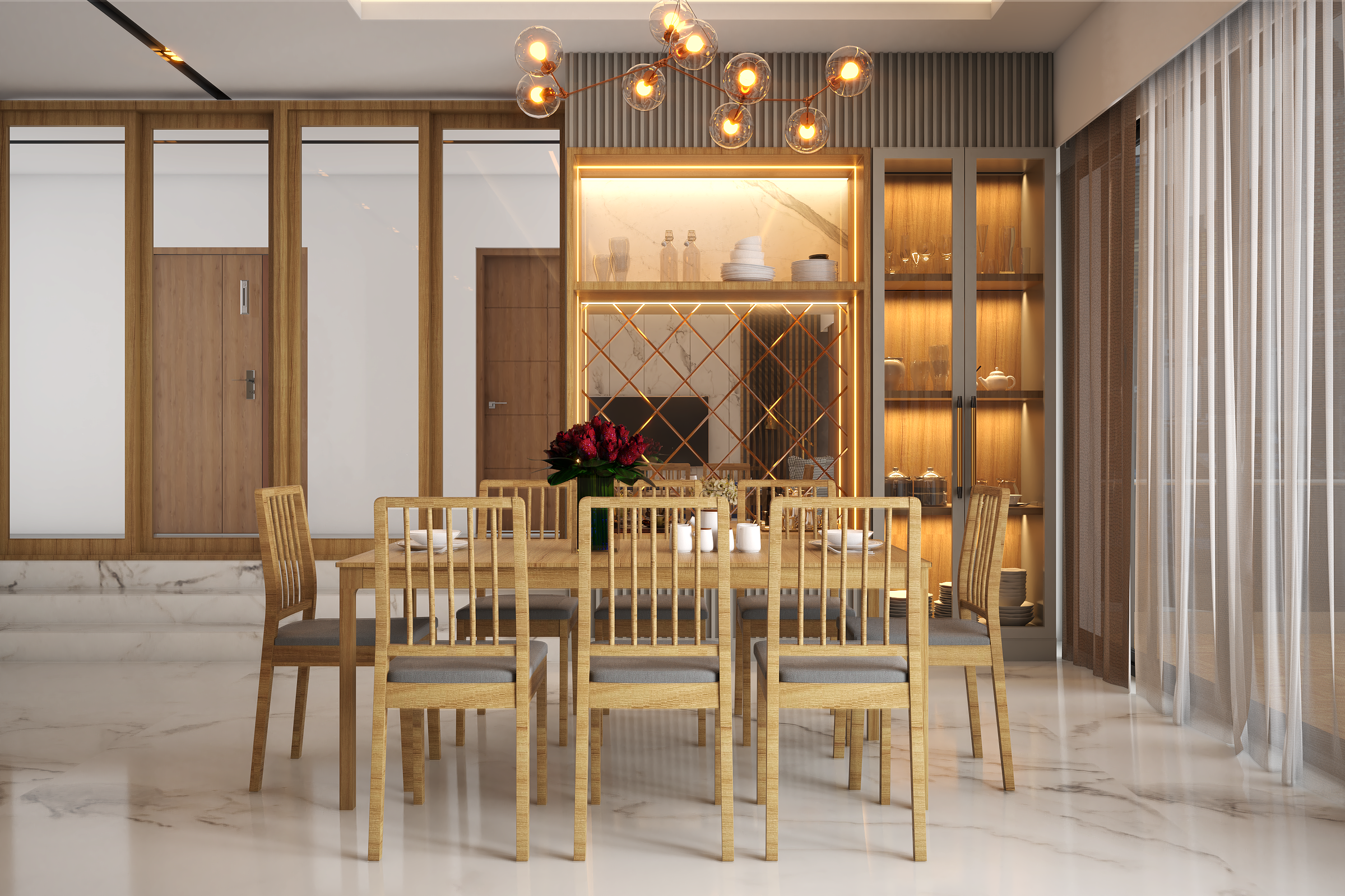 Contemporary Dining Hall Design Huge Crockery Unit