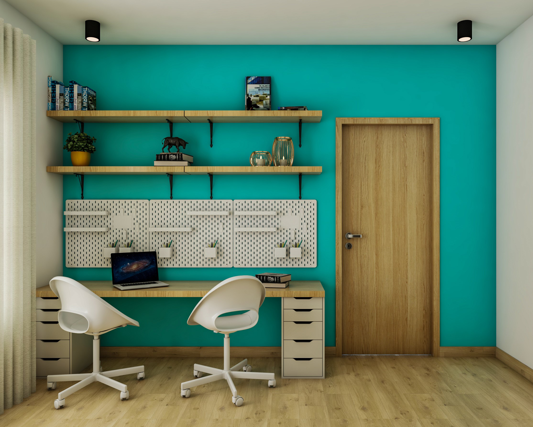 Spacious Study Room Interior Design With Open Shelves
