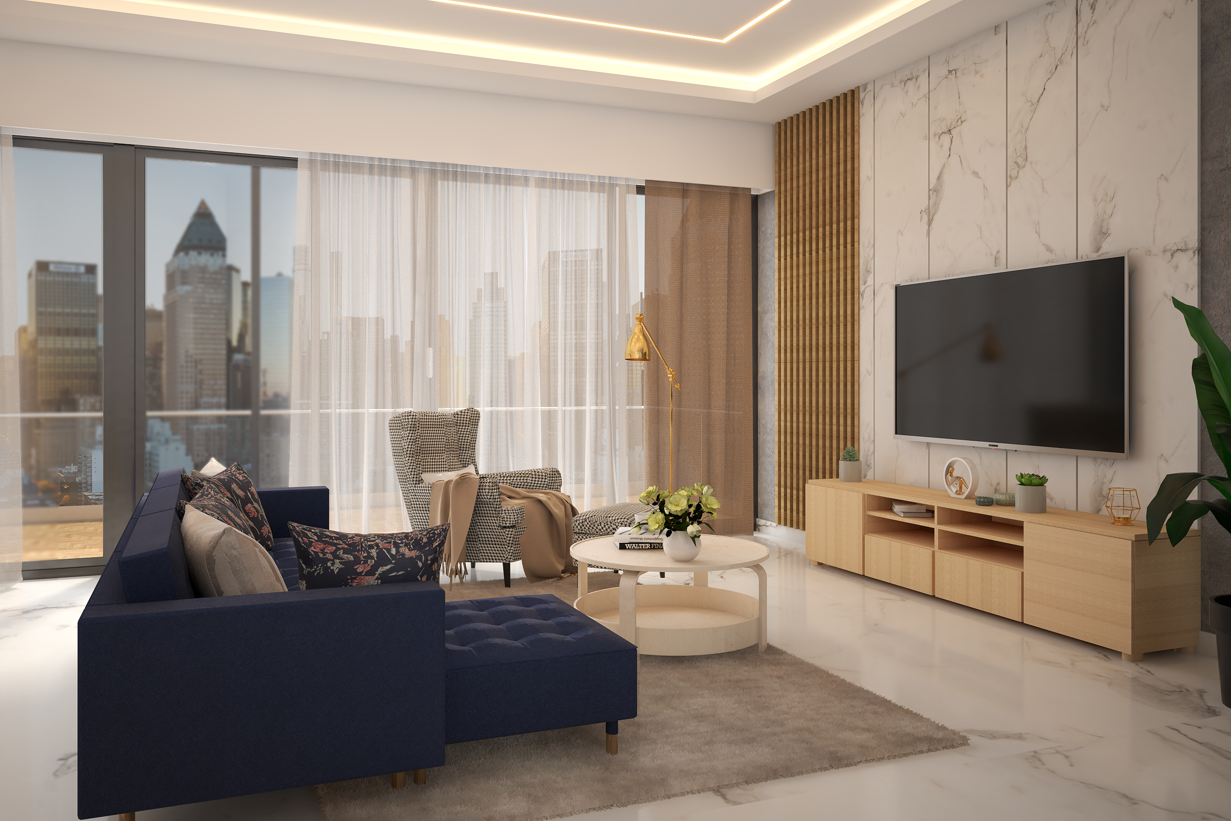 Contemporary Living Room Design With Wooden Reapers