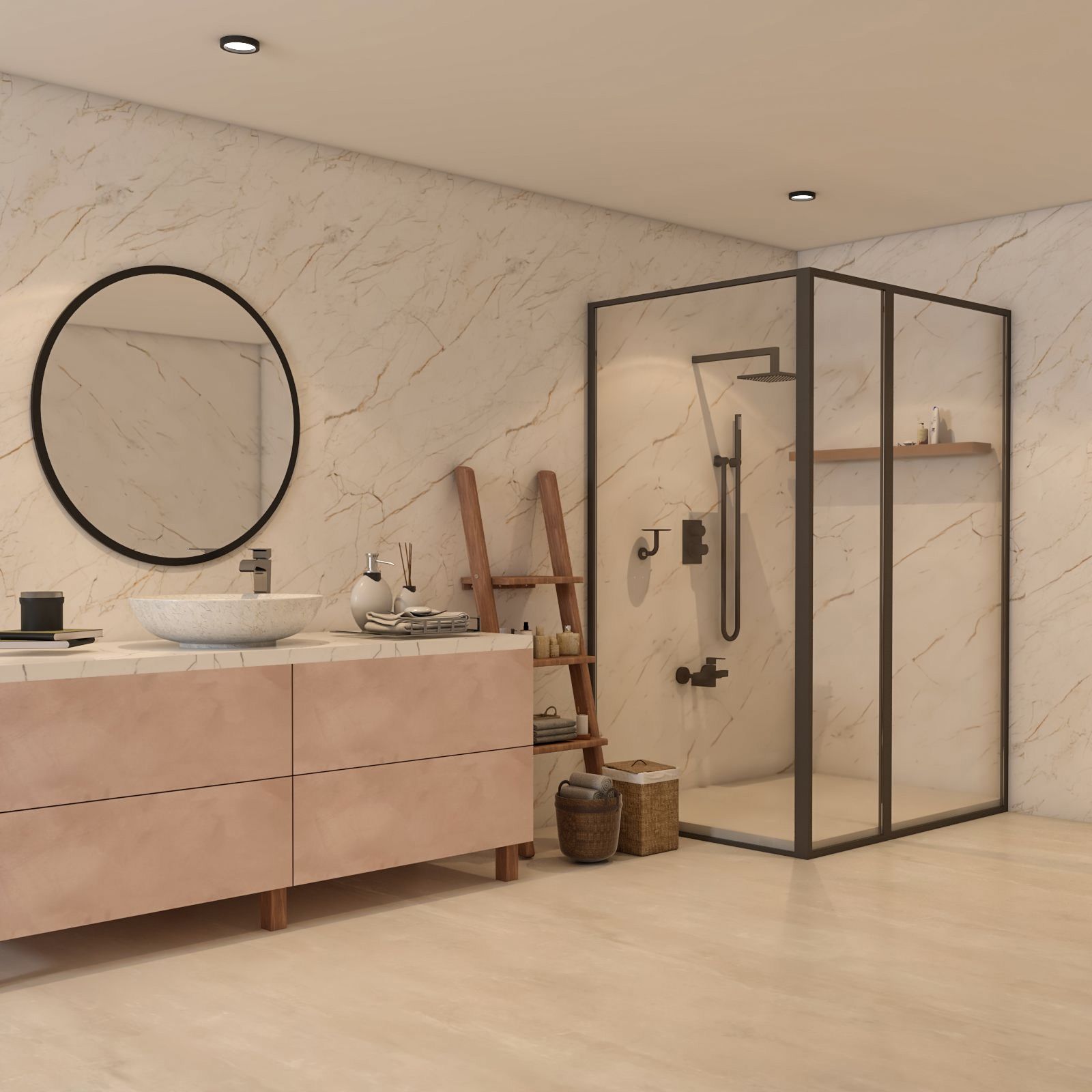 Minimal White Bathroom Design with Floor-Mounted Vanity Unit and Light Pink Drawers