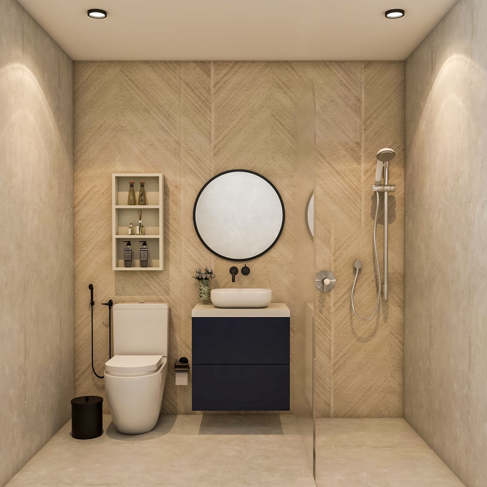 Contemporary Light Brown and Beige Bathroom Design with Dark Brown Wall-Mounted Black Vanity Unit