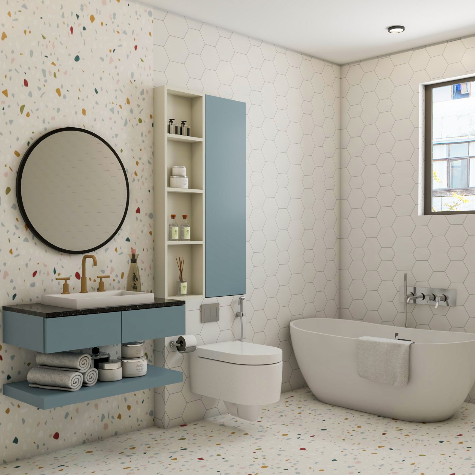 Minimal White Bathroom Design with Blue and Black Vanity Unit