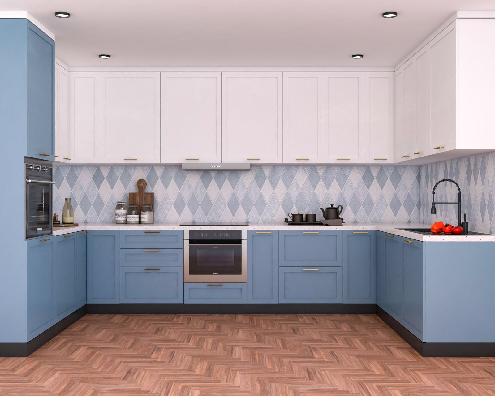 Modern Blue And White U-Shaped Kitchen Design With Diamond-Patterned Kitchen Backsplash