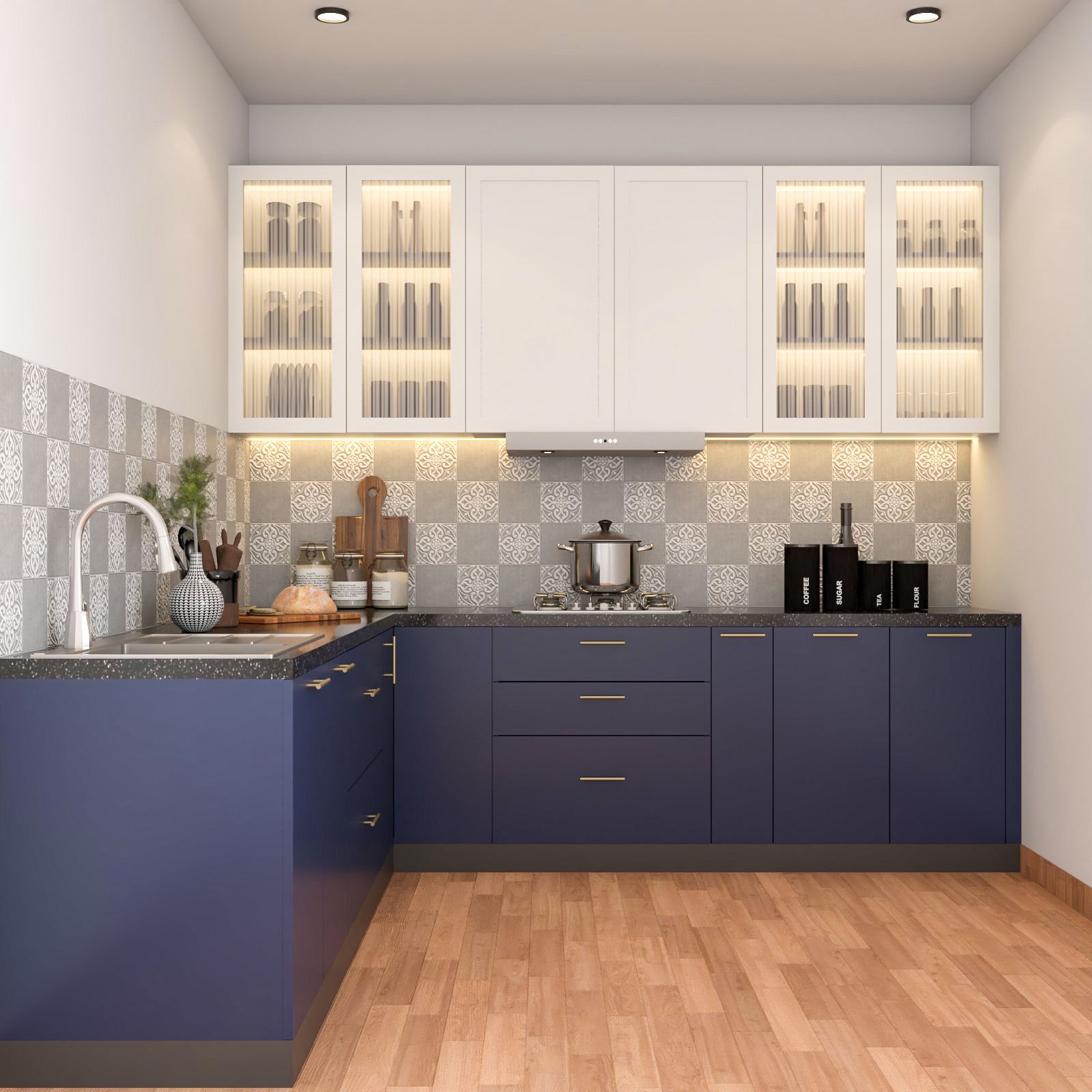 Contemporary Blue And White L-Shaped Kitchen Design With Grey And White Moroccan Kitchen Backsplash