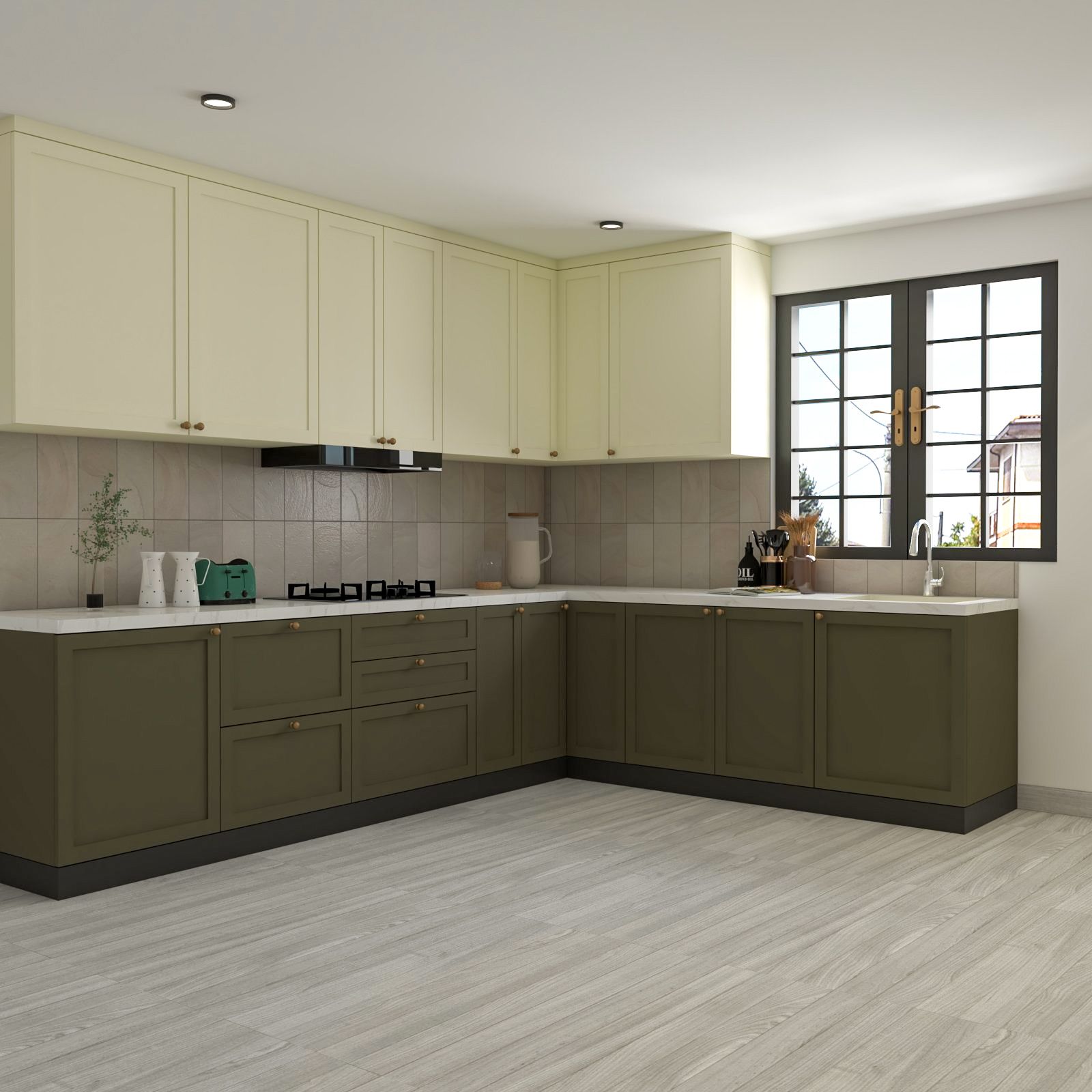 Contemporary L-Shaped Kitchen Design With Dark Green And Ivory Cabinets