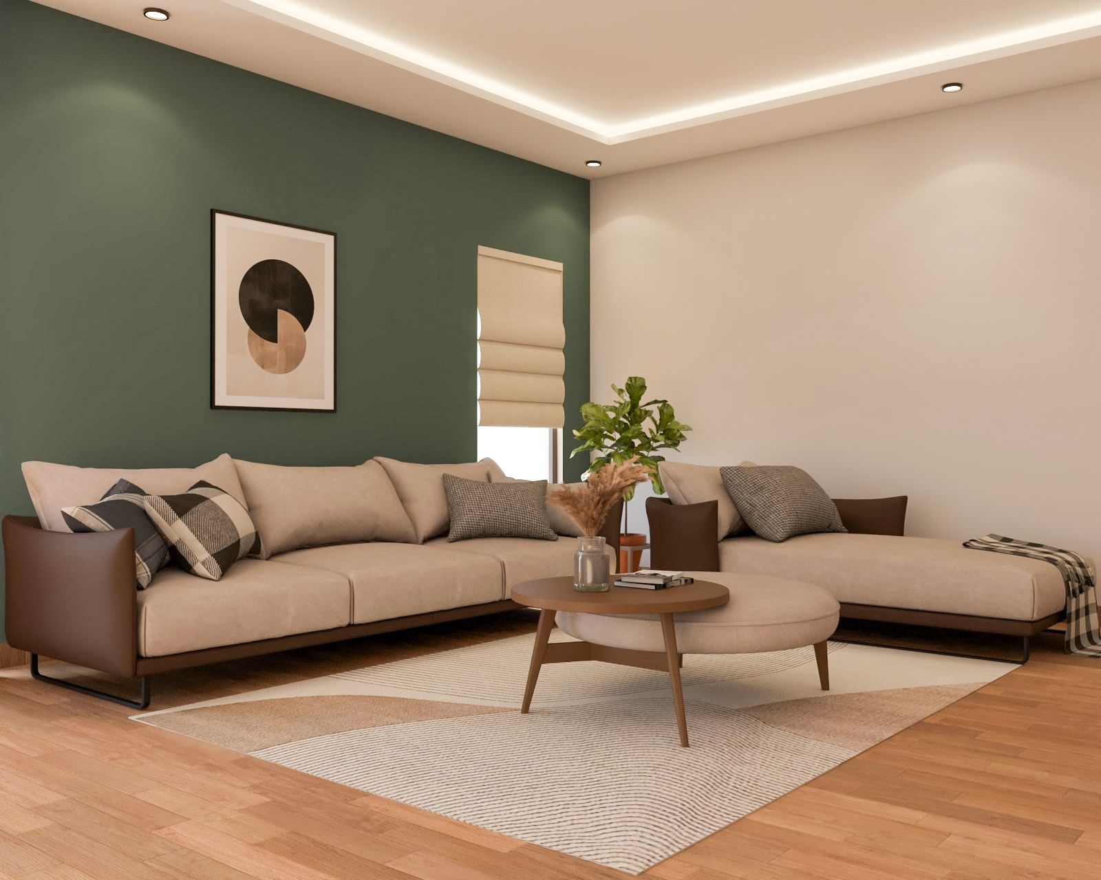 Contemporary Beige And Brown Living Room Design With L-Shaped Sofa Set