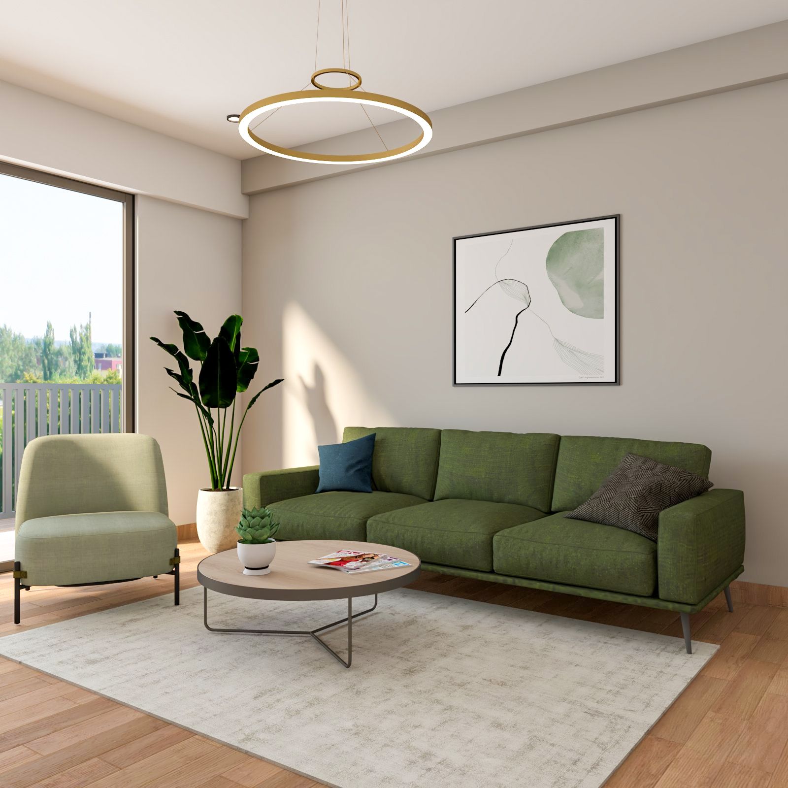 Modern Living Room Design With 3-Seater Green Sofa And Mint Green Accent Chair