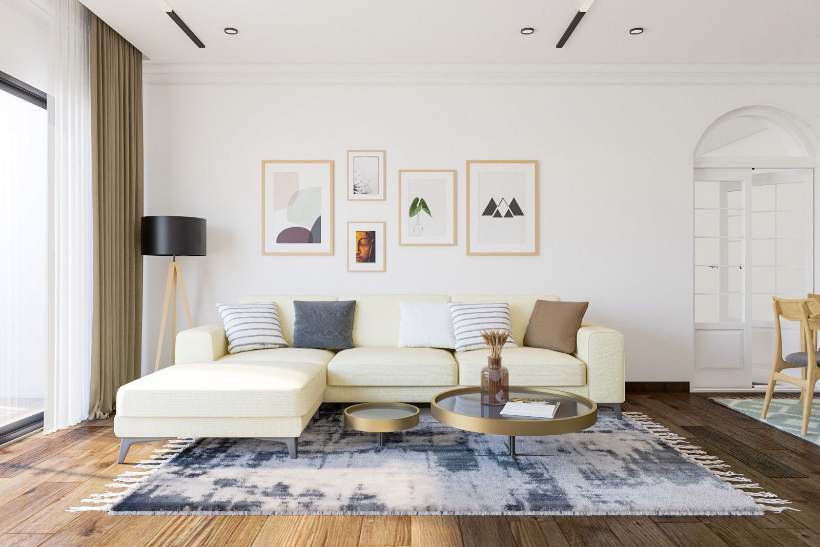 Minimal Living Room Design With Off-White L-Shaped Sectional Sofa