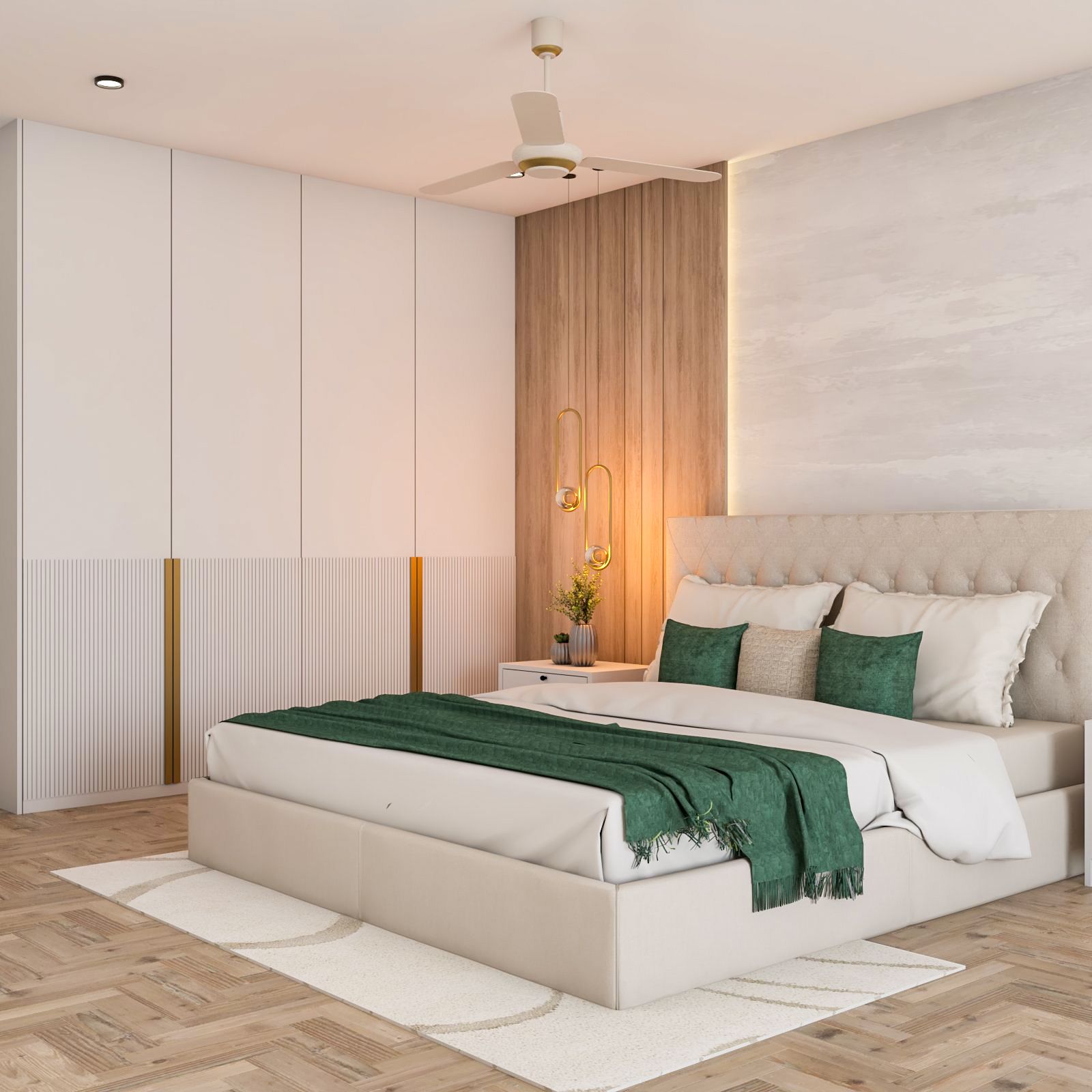 Scandinavian Master Bedroom Design With Off-White Bed And Tufted Headboard