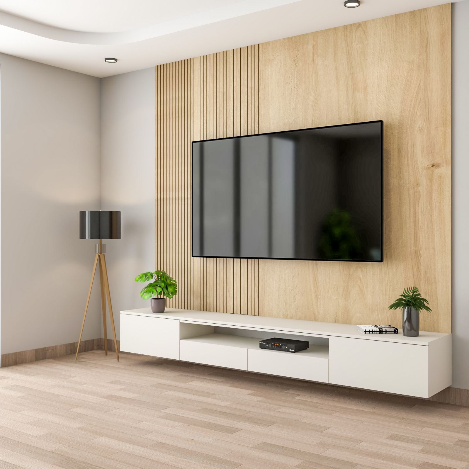 Scandinavian White And Brown Wall-Mounted TV Unit Design With Fluted Panelling