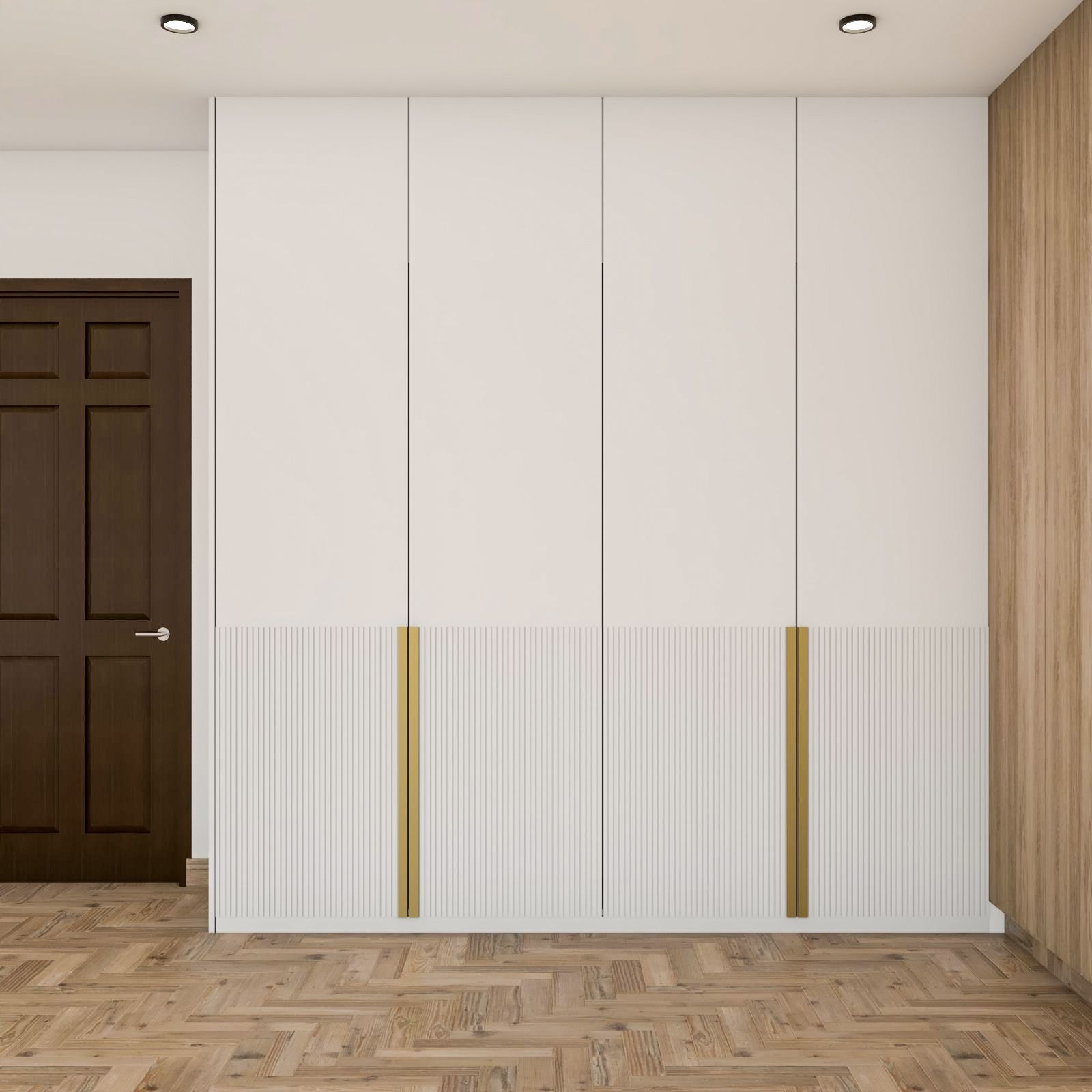 Contemporary 4-Door White And Brown Swing Wardrobe Design With Base Fluted Panelling