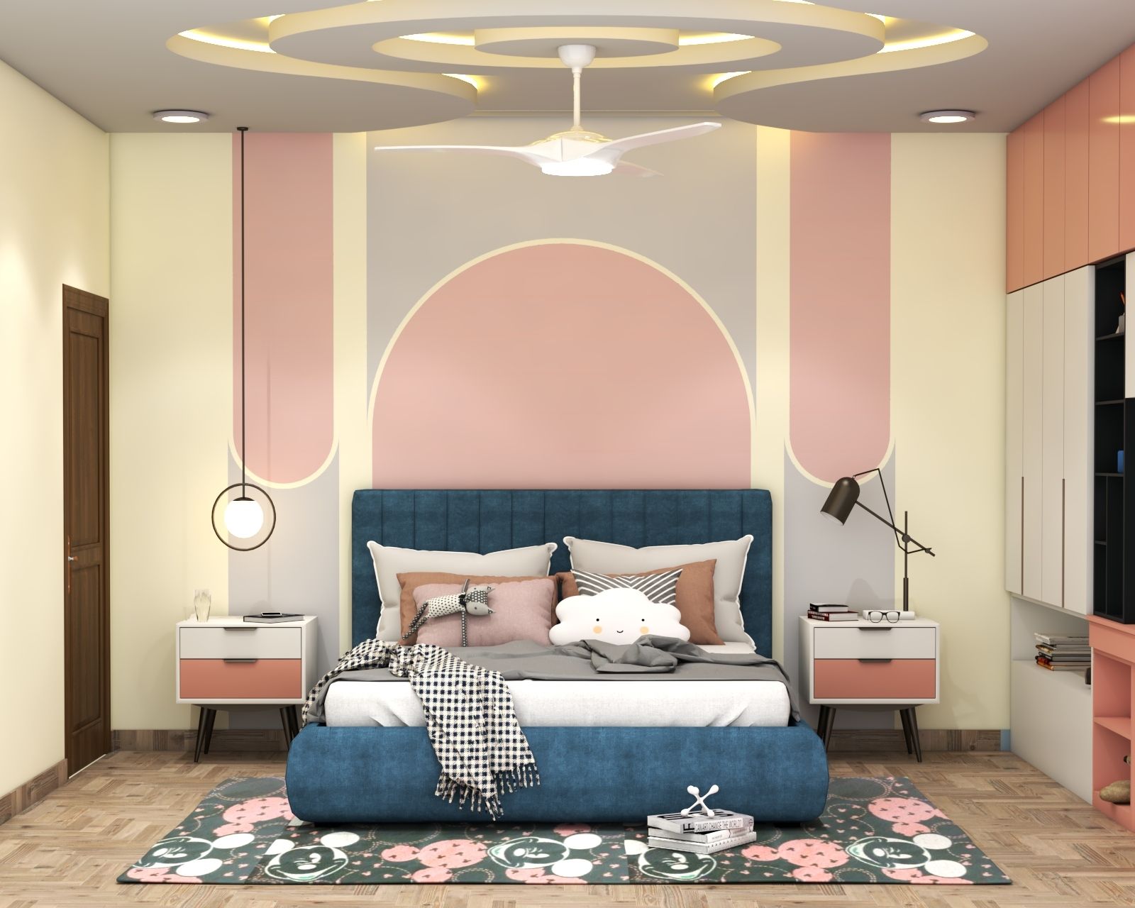 Contemporary Kids Room With A Queen Bed And Wall-Mounted Side Tables