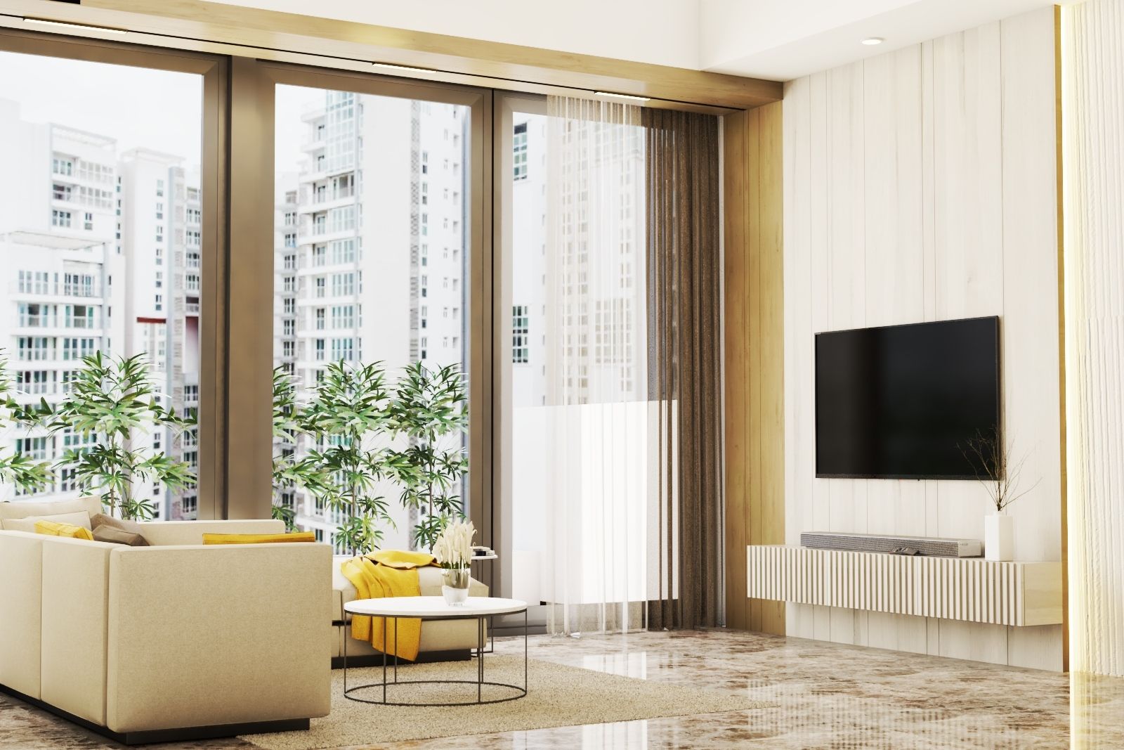 Scandinavian Living Room Design With Wall-Mounted TV Unit