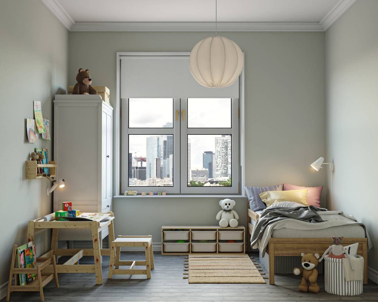 Minimal Wooden Kids Room Design With 2-Door Swing Wardrobe