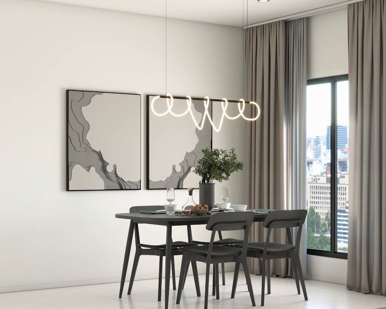 Contemporary Grey Dining Room Design With Abstract Wall Art
