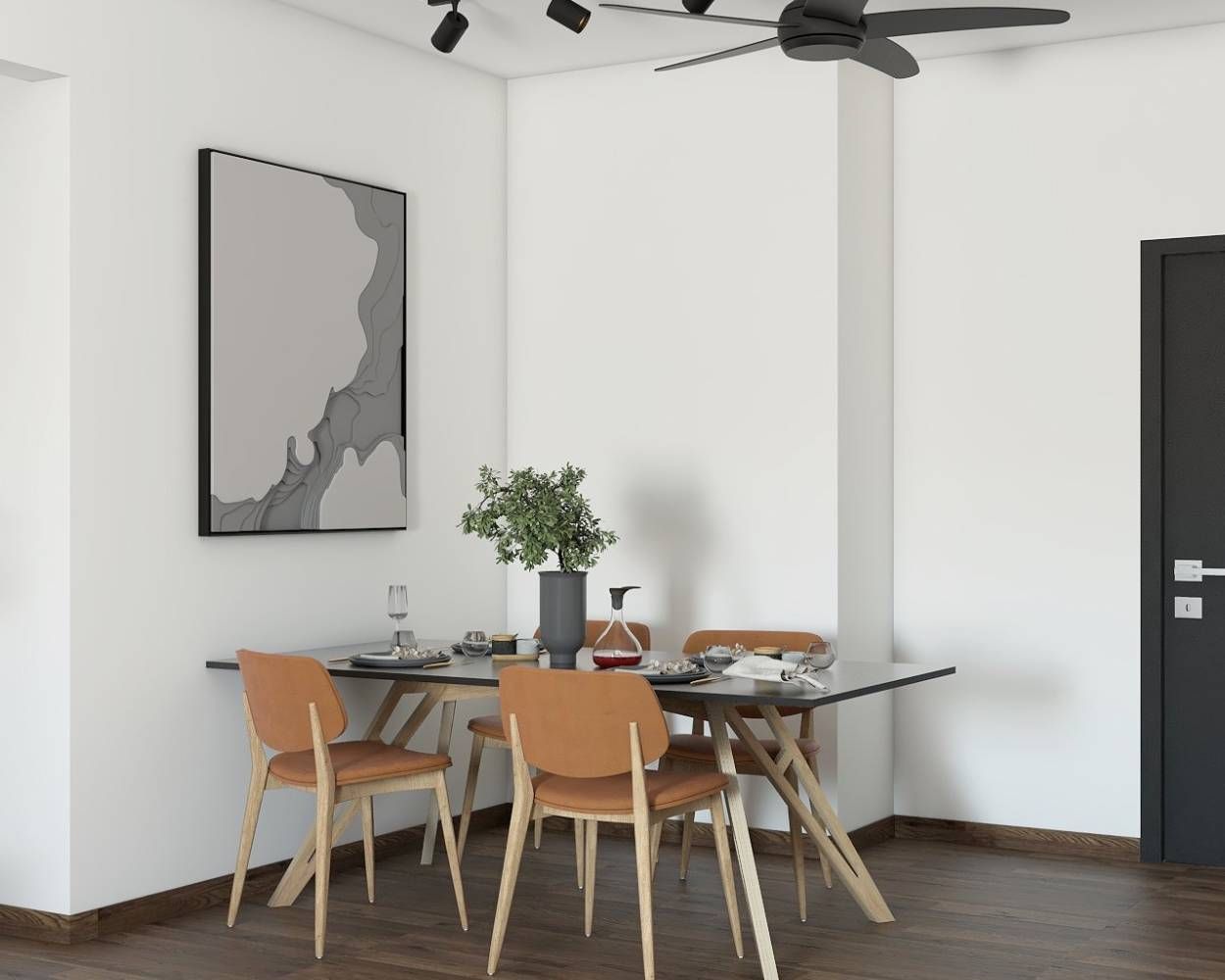 Contemporary Dining Room Design With Dark Wood And Tan Chairs