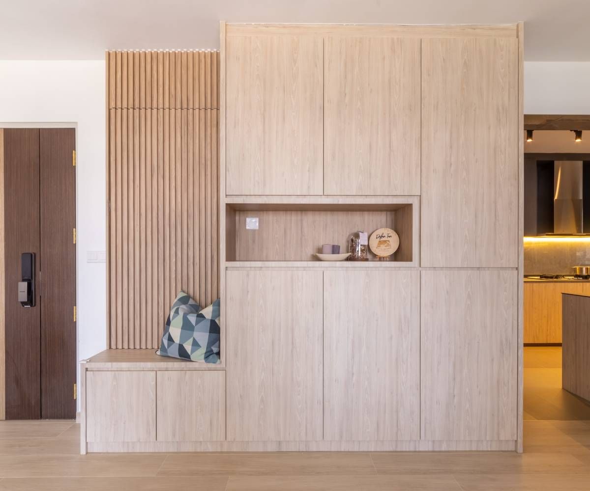 Scandinavian Foyer Design With Light Oak Storage Unit And Wooden Fluted Panelling