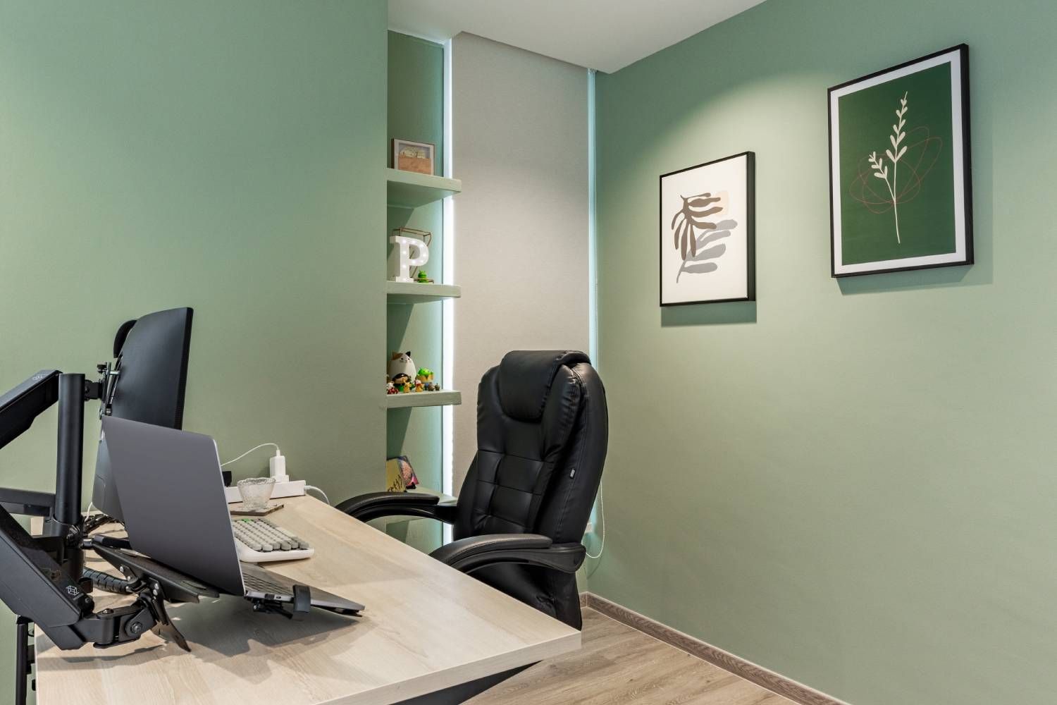 Modern Green And Wood Home Office Design With Open Wall Shelves