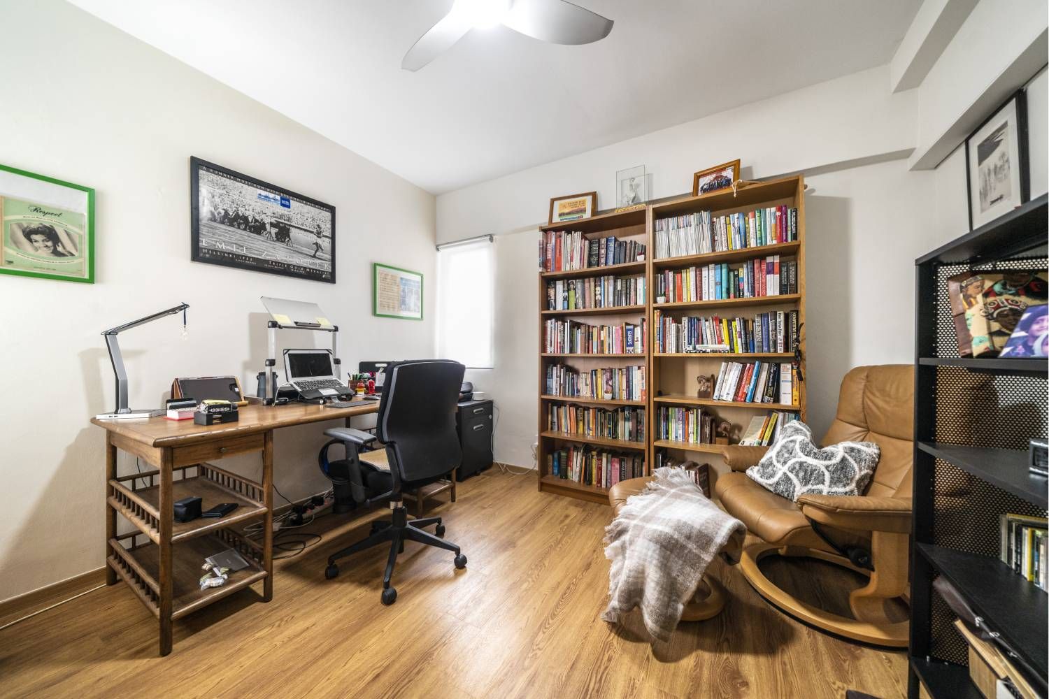 Classic Brown Home Office Design With Wooden Study Unit And Leather Accent Chair