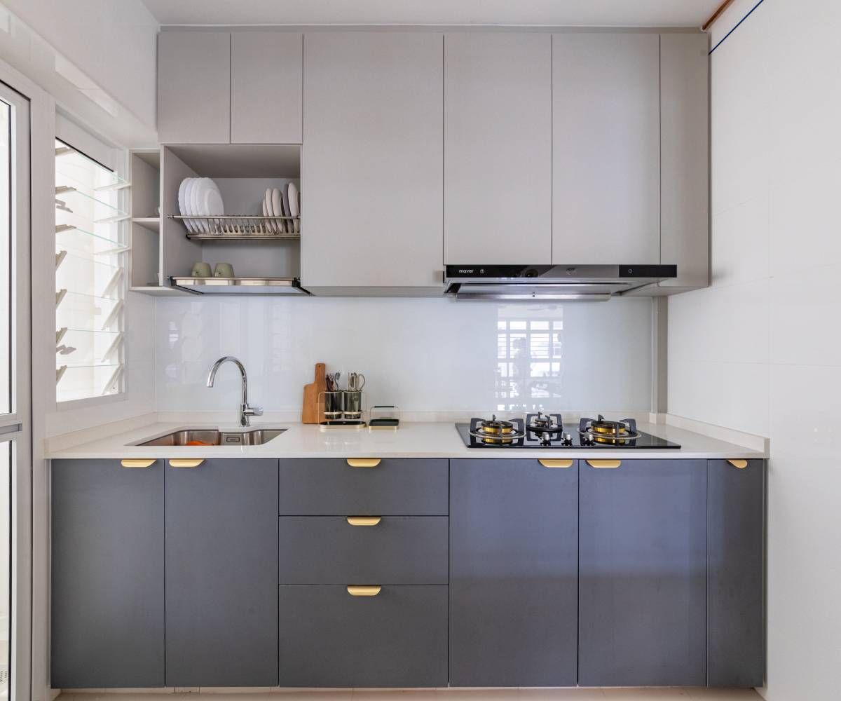 Contemporary Grey And Dark Blue Laminate Design For Kitchen Cabinets