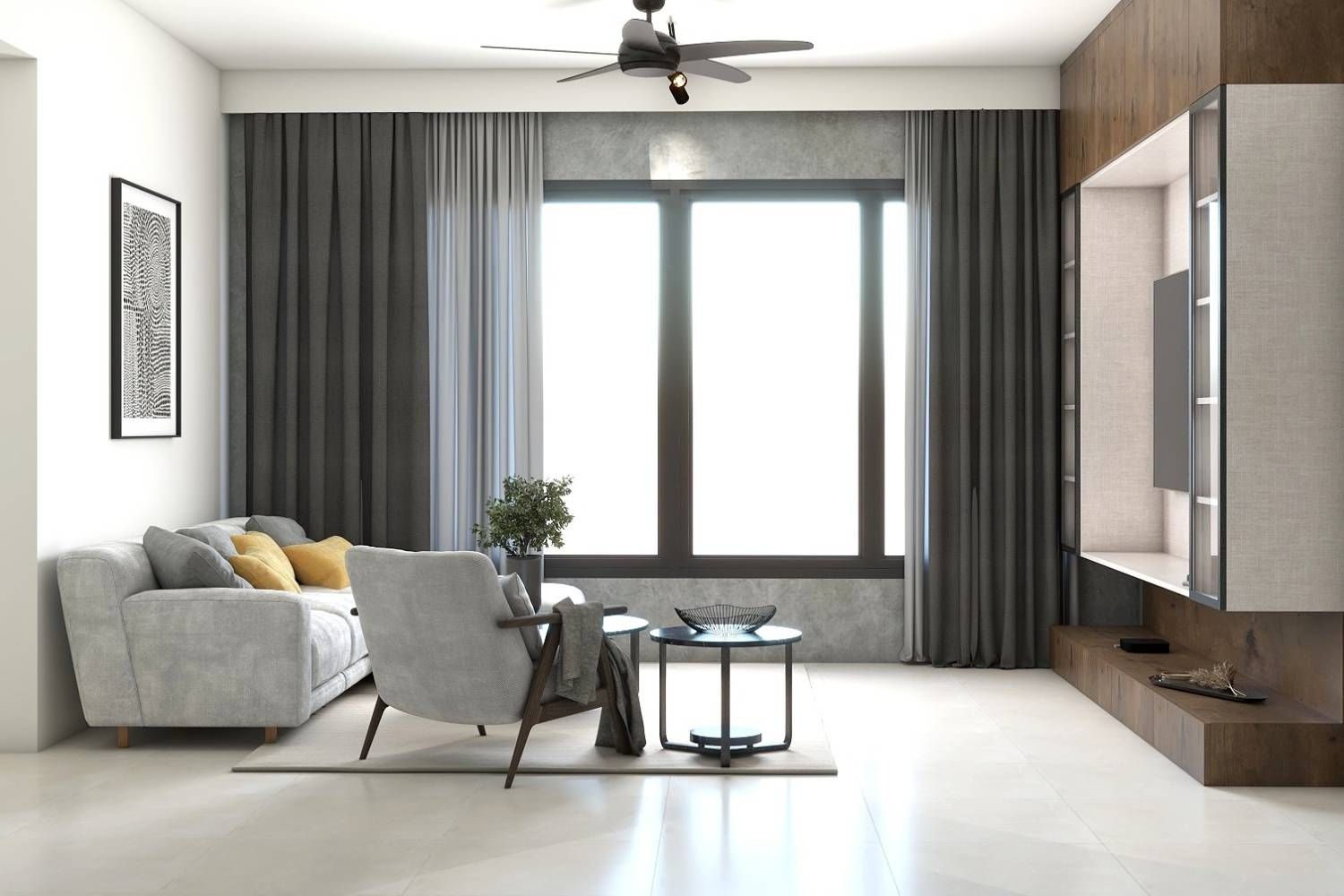 Modern Living Room Design With Beige And Wood TV Cabinet