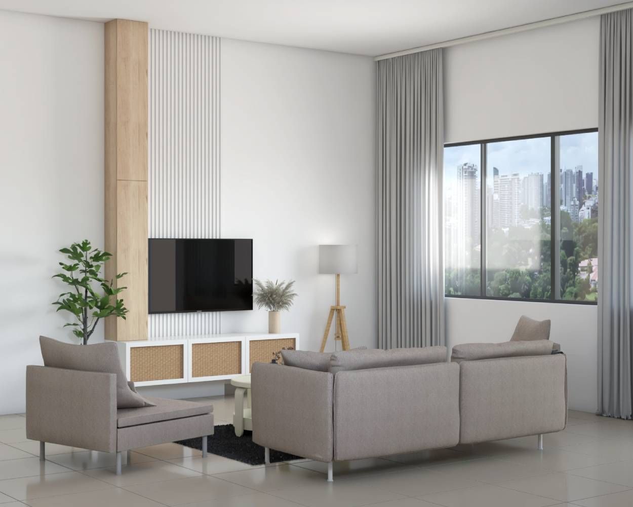 Brown And White Living Room With White And Rattan TV Console - 14 m²
