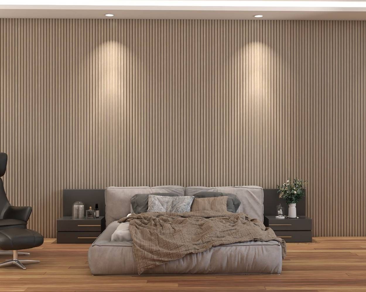 Contemporary Beige Master Bedroom Design With Grooved Wall Panelling