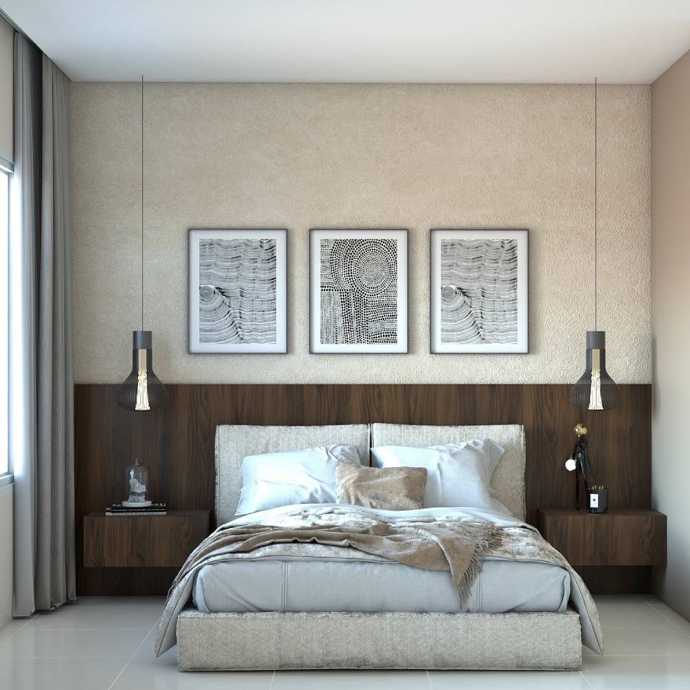 Contemporary Bedroom Wall Design With Beige Textured Paint And Wooden Wall Panel