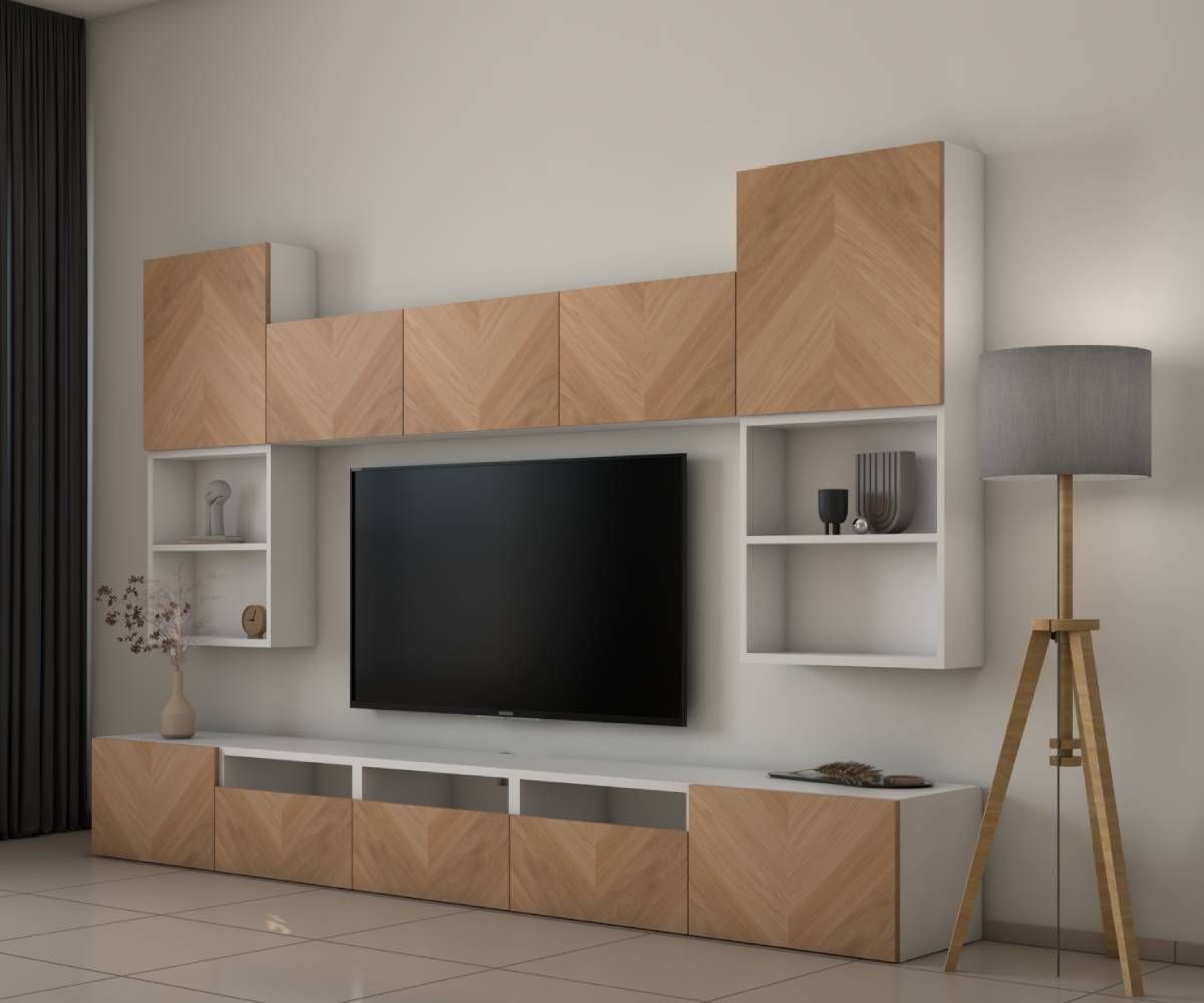 Scandinavian White And Wood TV Unit Design With Closed And Open Storage Units