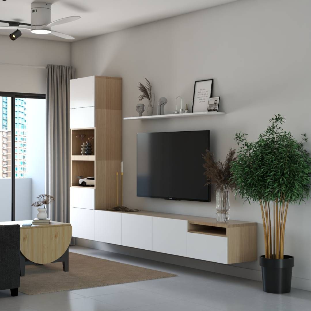 Scandinavian White And Wood TV Unit Design With Tall Storage Cabinet