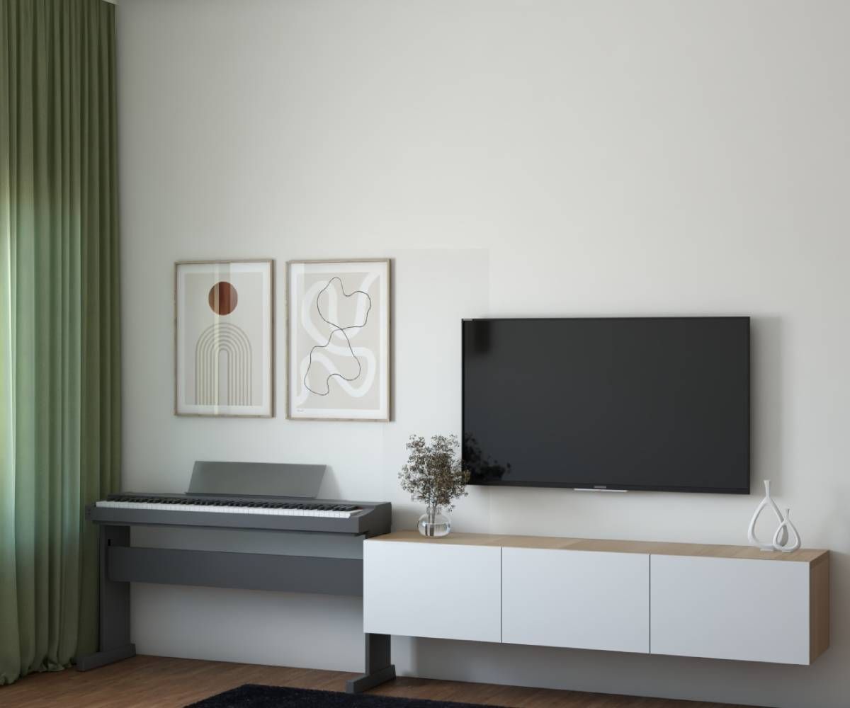 Scandinavian White And Wood TV Unit Design With Integrated Keyboard