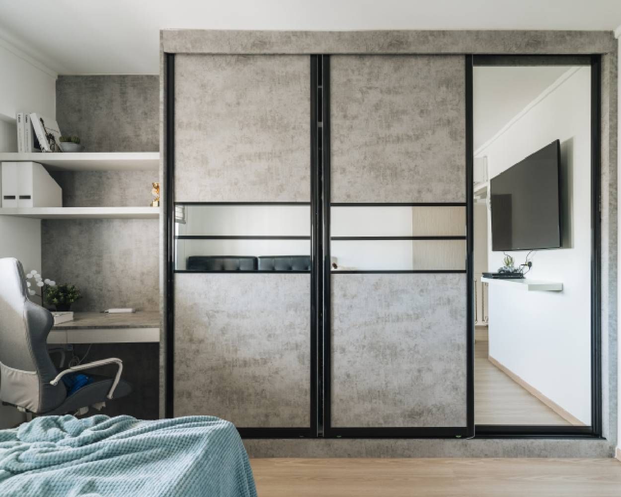 Contemporary Sliding Door Wardrobe Design With Grey Suede Laminated Finish